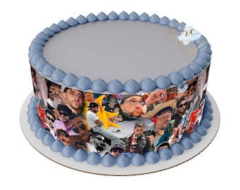 May include: A round cake with blue frosting and a photo collage of a group of men on the side. The photo collage features a variety of images, including close-ups of the men's faces, full-body shots, and images of the men in different settings.