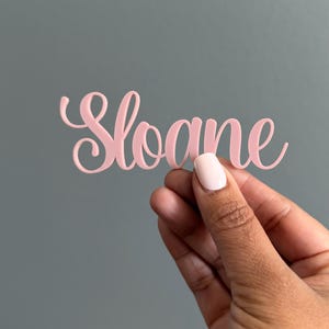 May include: A light pink acrylic cutout featuring the name Sloane written in a cursive script font. The letters are connected in a single piece with smooth, rounded edges and a matte finish, displaying the name clearly in a decorative style.