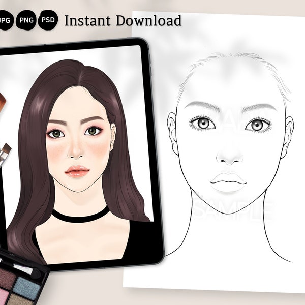 Makeup Face Chart, Imprimable, Digital Coloriage Pages, Modèles de visage pour maquilleur, Grayscale, Téléchargement instantané