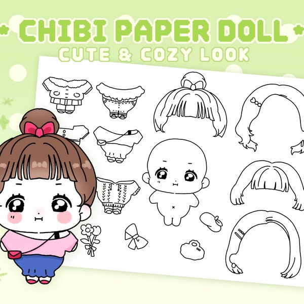 Cute & Cozy Look Chibi Paper Doll, Descarga instantánea, Muñeca de papel imprimible, Páginas para colorear, Actividades para niños, Chica de moda