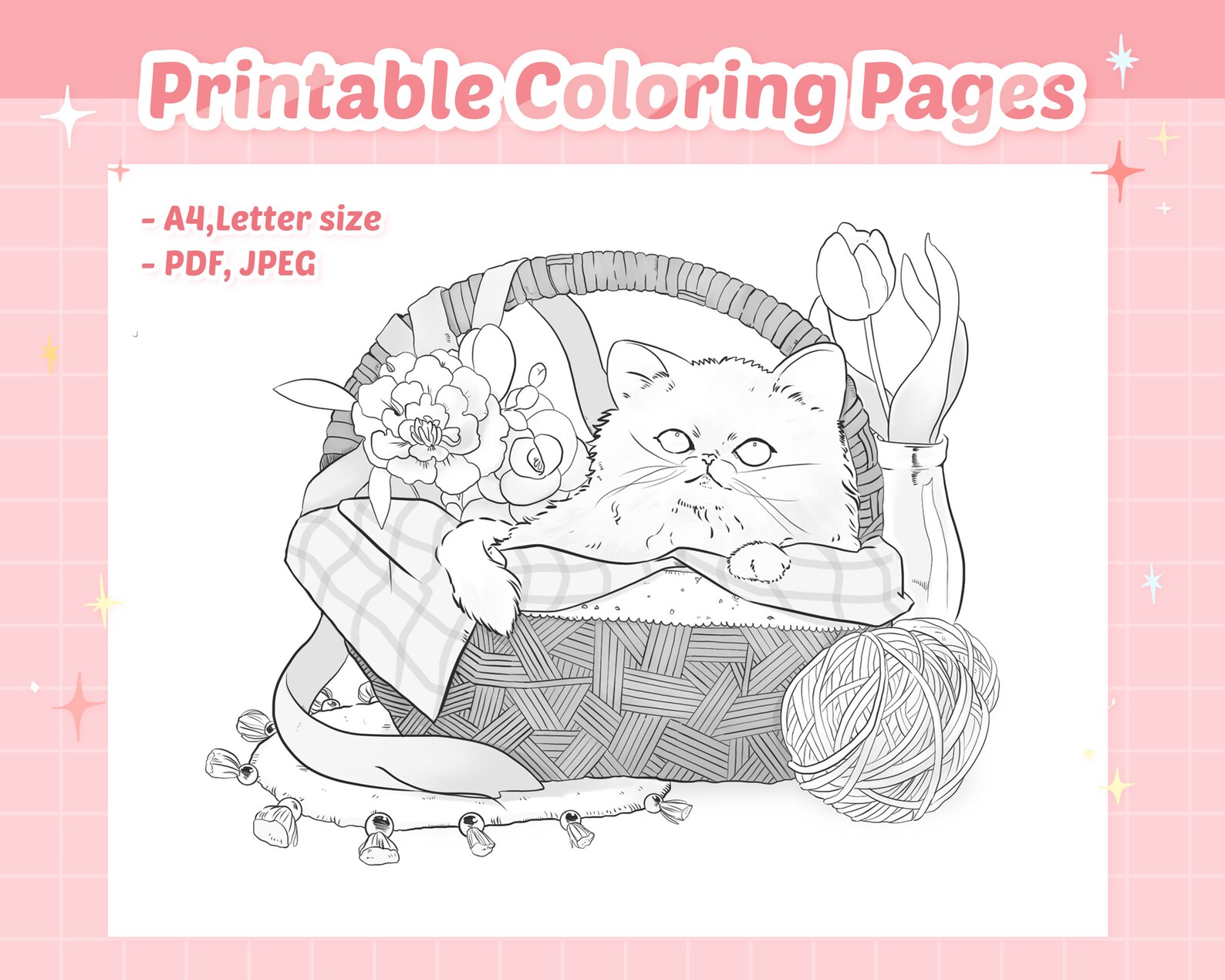 Cute Kitten Coloring Pages, Instant Download, Printable JPG PDF Files