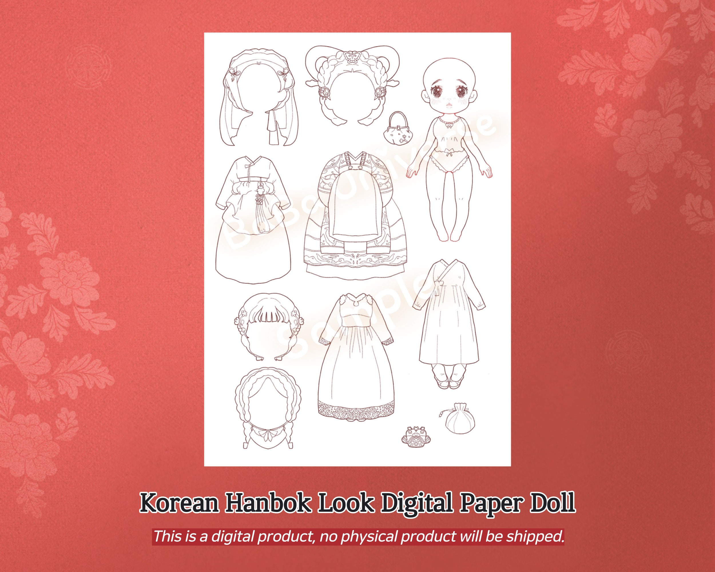 Korean Hanbok Look Digital Paper Doll, Instant Download, Printable