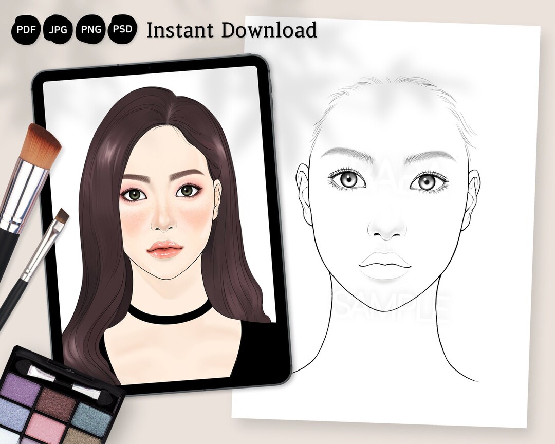 Makeup Face Chart, Printable, Digital Coloring Pages, Face Templates