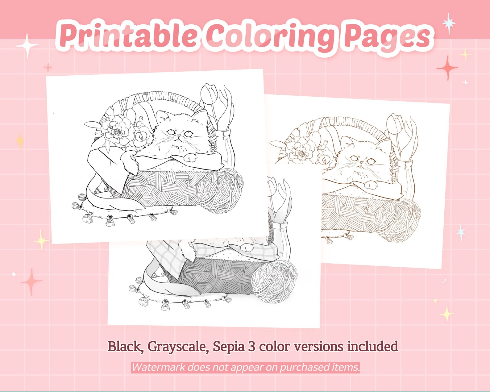 Cute Kitten Coloring Pages, Instant Download, Printable JPG PDF Files