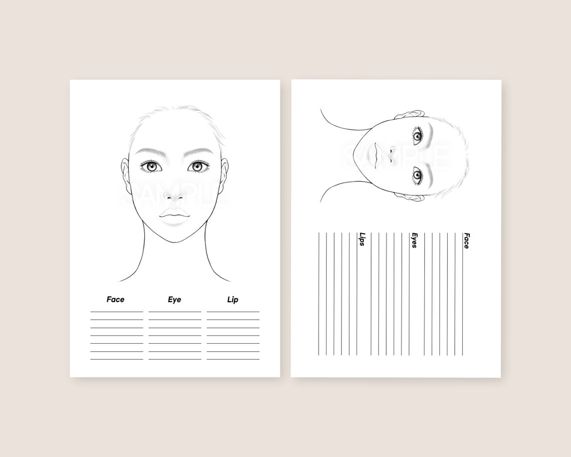 Makeup face chart, afdrukbare, digitale kleurplaten, face templates