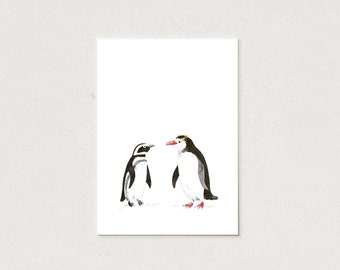 Carte postale avec des couples de pingouins à l’aquarelle