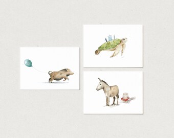 Postcard Set Birthday with Animals: Turtle, Donkey, Pig | 3 cards