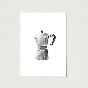 Könnte beinhalten: Schwarz-Weiß-Illustration eines Espressokochers. Der Kaffeezubereiter ist in einem realistischen Stil dargestellt, mit detaillierter Darstellung seiner verschiedenen Komponenten, einschließlich Griff und Deckel. Das Bild ist vor einem weißen Hintergrund.