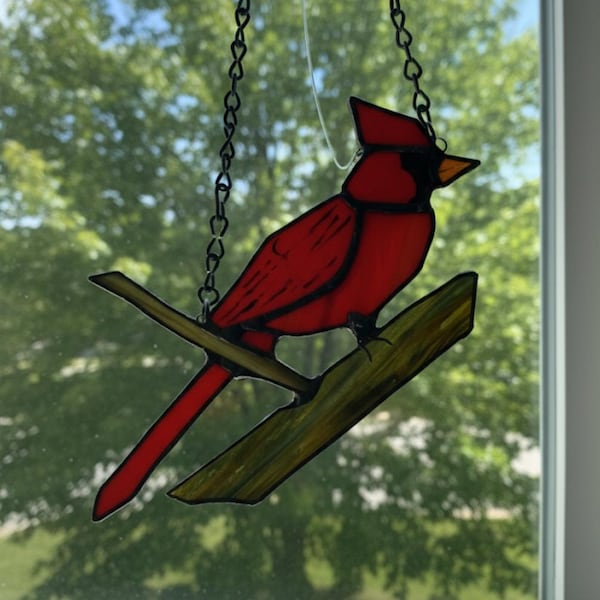 Cardinal on Branch - decor- bird - window hanging - suncatcher - stained glass - handmade - Hand Painted