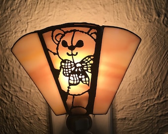 Handmade Stained Glass Bear Nightlight: Copper Filigree Decor