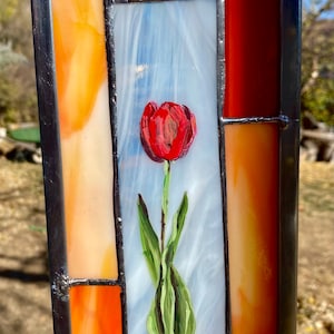 Handmade Stained Glass Painting of Tulip Stained Glass Artwork | Hand Painted Tulip, Garden Yard Decor, Wall Hanging, Suncatcher