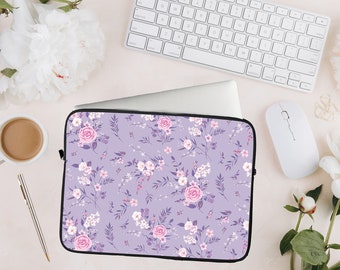 Jolie pochette/étui pour ordinateur portable à fleurs roses pourpres