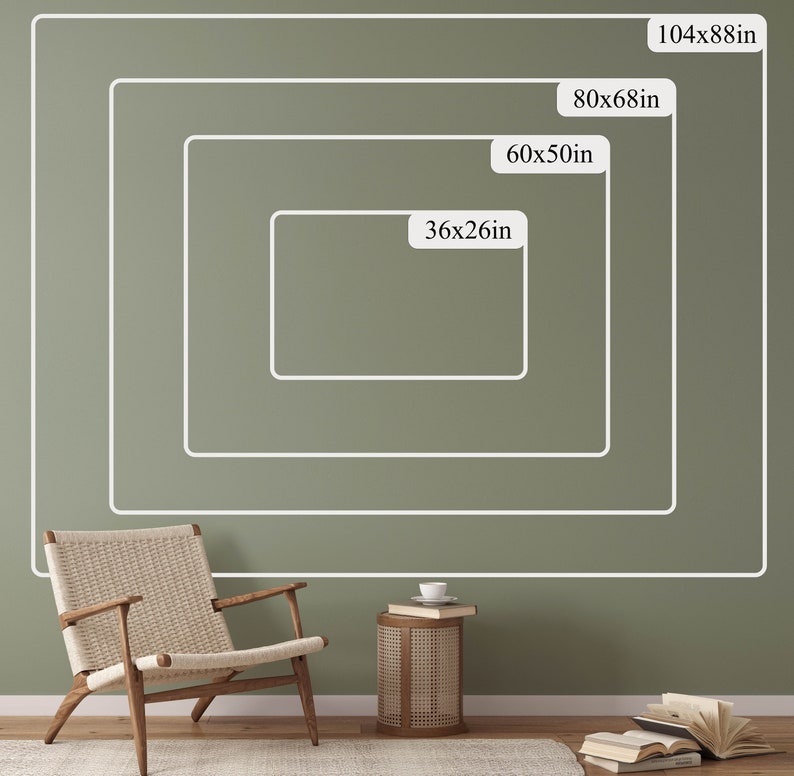 May include: A green wall with four white rectangular frames outlining different sizes of wall art. The frames are labeled with the dimensions in inches. The largest frame is 104 inches by 88 inches, the next is 80 inches by 68 inches, the next is 60 inches by 50 inches, and the smallest is 36 inches by 26 inches.