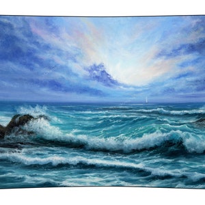 May include: A painting of a seascape with crashing waves and a sailboat in the distance. The sky is a mix of blue, purple, and pink with white clouds.