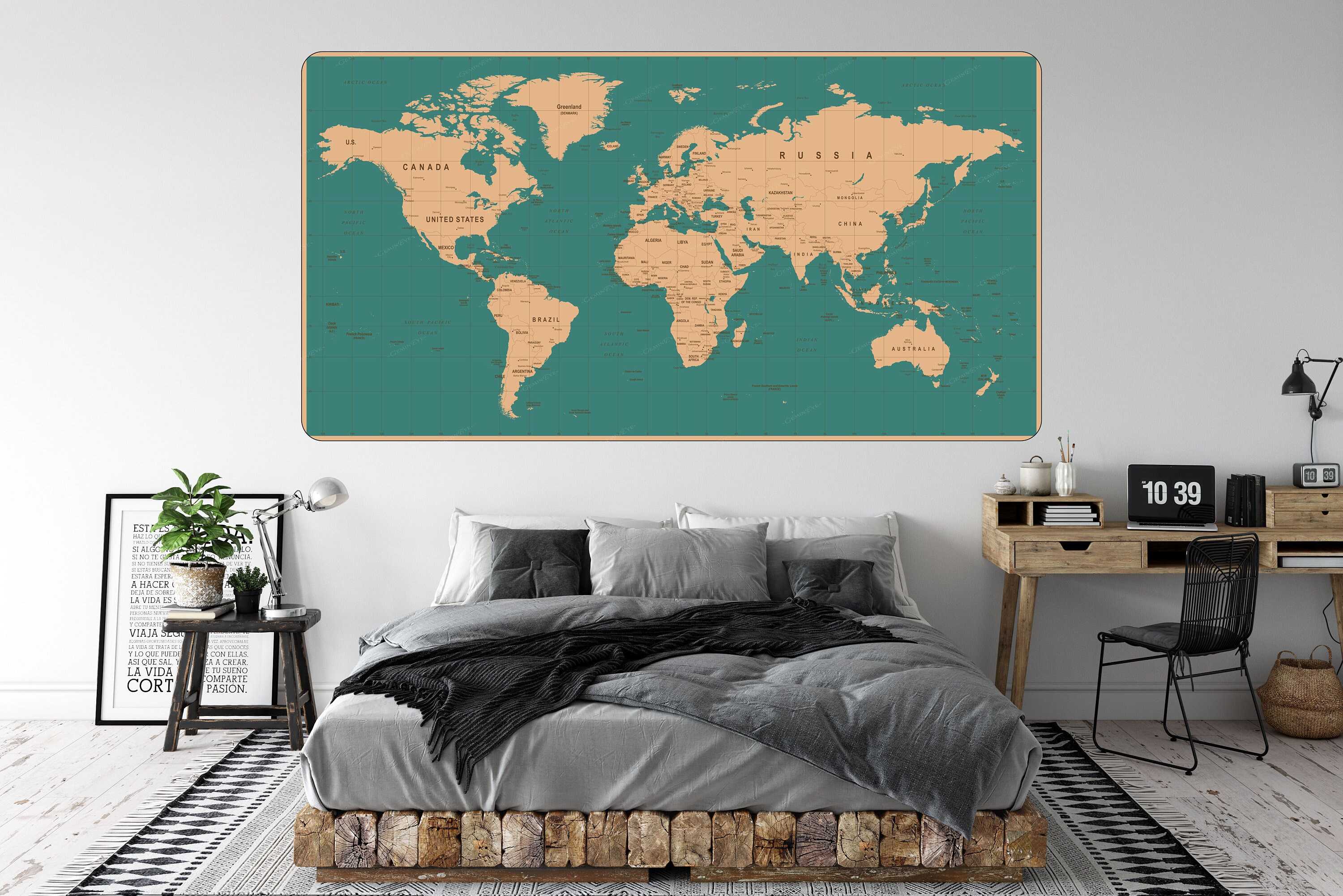 Vintage Teal World Map Tapestry Etsy