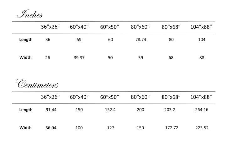 May include: A table showing the dimensions of different sizes of canvas in both inches and centimeters. The table lists the length and width of each size, with the measurements in inches and centimeters.