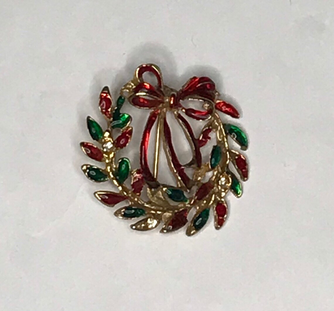 Uitstekende De Broche krans van Kerstmis rode groene emaille Etsy