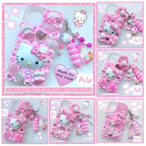 May include: A set of ten pink and white Hello Kitty phone cases with various embellishments, including rhinestones, flowers, and charms. The cases are all made for any phone and have a variety of designs. The text "Made for Any Case" and "All side clips sold separately-upgrade listing" are visible in the image.