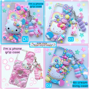 May include: Four Hello Kitty phone cases decorated with colorful candy, sprinkles, and other sweet treats. The cases are labeled D1, D2, D3, and D4.  The text "I'm a phone grip case" and "No cream bling case" are also visible.