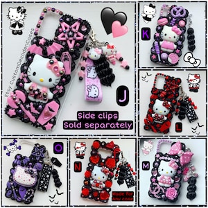 May include: Ten different phone cases decorated with Hello Kitty, black and pink hearts, stars, and other embellishments. The cases are made for any phone and are sold separately. The text "Etsy CustomDecodenCases" is visible in the top left corner.