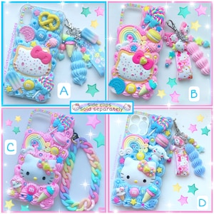 May include: Four different phone cases featuring a Hello Kitty design with a pastel rainbow, candy, and sprinkles theme. The cases are decorated with 3D embellishments and charms.  The text "Etsy CustomDecodenCases" is visible on two of the cases.