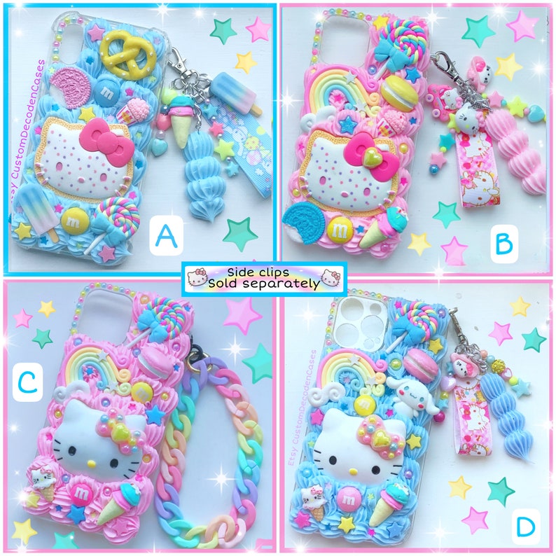 May include: Four different phone cases featuring a Hello Kitty design with a pastel rainbow, candy, and sprinkles theme. The cases are decorated with 3D embellishments and charms.  The text "Etsy CustomDecodenCases" is visible on two of the cases.