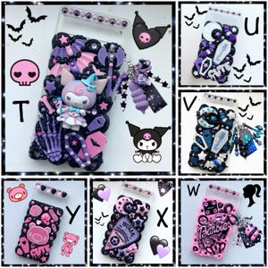 May include: Ten different phone cases decorated with various themes, including a pink and purple case with a cartoon character, a black and white case with a skull and crossbones, and a pink and black case with a Ouija board.