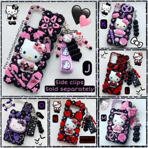 May include: A collection of 6 custom phone cases featuring a black and white Hello Kitty design with various embellishments, including rhinestones, charms, and 3D elements. The cases are available in different colors and styles, including pink, red, and black. The text "Etsy CustomDecodenCases" and "Side clips Sold separately" are visible in the image. The text "Made for Any case" is also visible in the image.