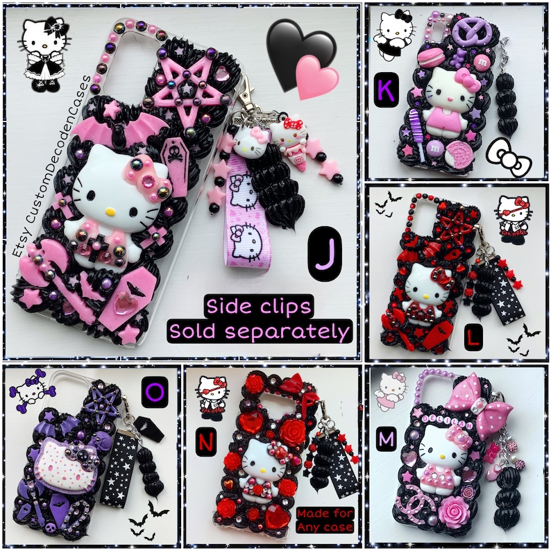 May include: A collection of 6 custom phone cases featuring a black and white Hello Kitty design with various embellishments, including rhinestones, charms, and 3D elements. The cases are available in different colors and styles, including pink, red, and black. The text "Etsy CustomDecodenCases" and "Side clips Sold separately" are visible in the image. The text "Made for Any case" is also visible in the image.