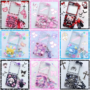 May include: Nine different phone cases decorated with various themes. The cases are clear and have a variety of embellishments, including rhinestones, charms, and glitter. Some of the themes include Pokemon, Hello Kitty, and Sanrio.