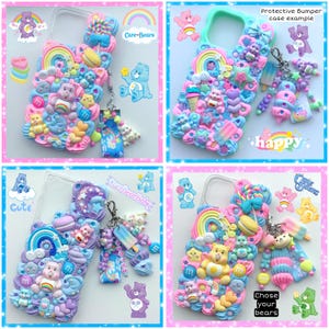Peut inclure: Quatre coques de téléphone colorées avec des motifs de Bisounours. Chaque coque présente divers ornements 3D, notamment des Bisounours, des arcs-en-ciel, des bonbons et des glaces. Les coques sont dans les tons rose, bleu, violet et jaune, avec les mots "Cute", "happy" et "Chose your bears" visibles.