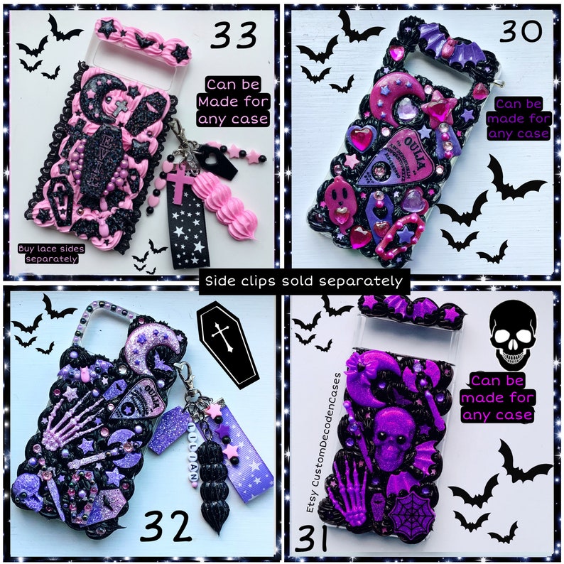 Peut inclure: Quatre &eacute;tuis de t&eacute;l&eacute;phone diff&eacute;rents d&eacute;cor&eacute;s sur le th&egrave;me gothique. Chaque &eacute;tui pr&eacute;sente un fond noir avec des accents violets, roses et blancs. Les &eacute;tuis sont d&eacute;cor&eacute;s de divers breloques, notamment des cr&acirc;nes, des chauves-souris, des &eacute;toiles et des lunes. Le texte "Peut &ecirc;tre fait pour n'importe quel &eacute;tui" appara&icirc;t sur chaque &eacute;tui.