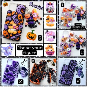 Peut inclure: Une collection de 10 coques de t&eacute;l&eacute;phone sur le th&egrave;me d'Halloween avec diff&eacute;rents personnages et designs. Les coques sont d&eacute;cor&eacute;es de paillettes, de breloques et d'&eacute;l&eacute;ments 3D. Choisissez votre personnage et la couleur de fond.
