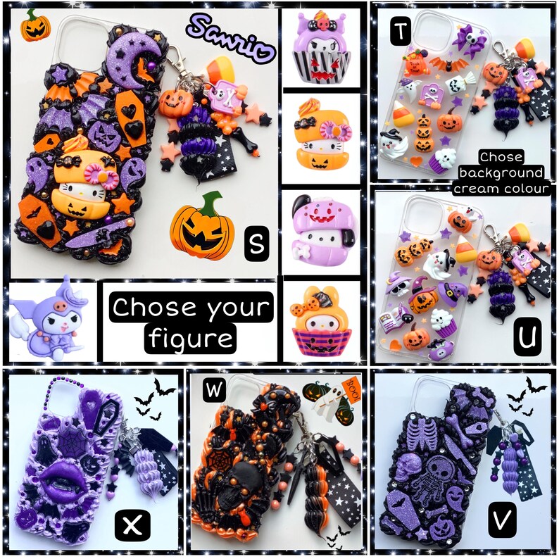 Peut inclure: Une collection de 10 coques de t&eacute;l&eacute;phone sur le th&egrave;me d'Halloween avec diff&eacute;rents personnages et designs. Les coques sont d&eacute;cor&eacute;es de paillettes, de breloques et d'&eacute;l&eacute;ments 3D. Choisissez votre personnage et la couleur de fond.