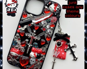 Capa de celular personalizada estilo gatinho kawaii decodificador y2k, capa de celular fofa personalizada estilo gótico de Halloween, com pingente vermelho, capa de celular da Apple com estampa de lixo