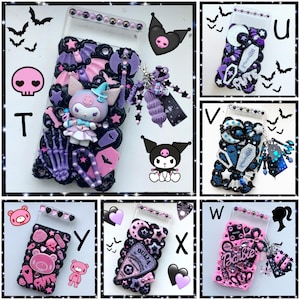 May include: Ten different phone cases decorated with various themes, including a pink and purple case with a cartoon character, a black and white case with a skull and crossbones, and a pink and black case with a Ouija board.