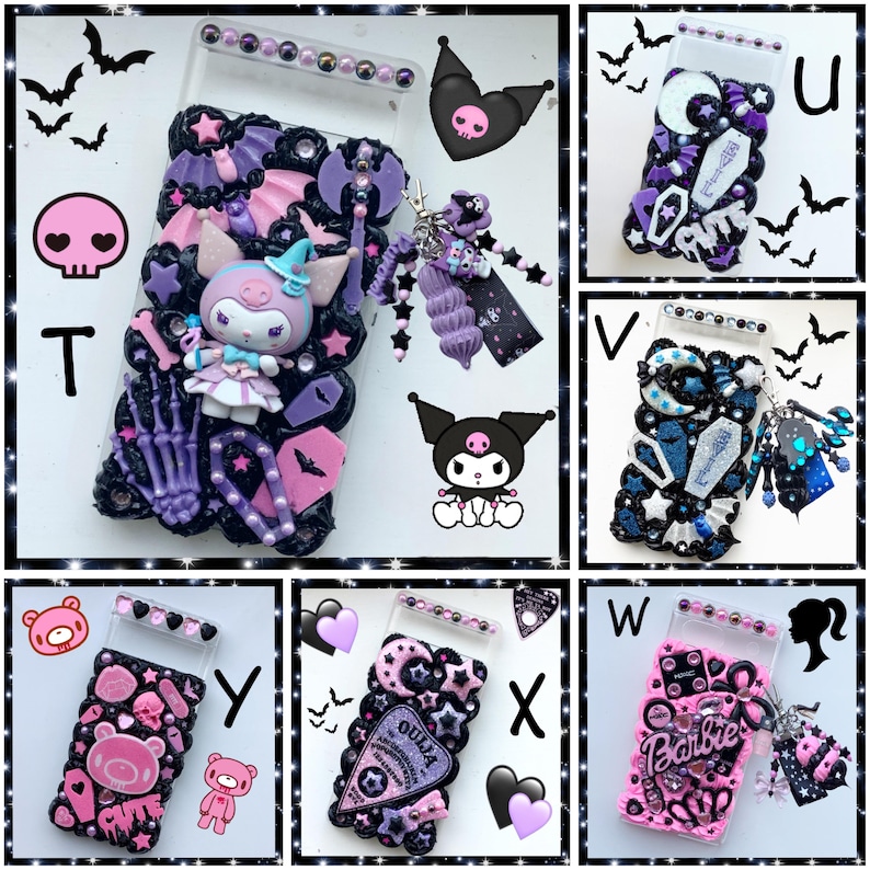 May include: Ten different phone cases decorated with various themes, including a pink and purple case with a cartoon character, a black and white case with a skull and crossbones, and a pink and black case with a Ouija board.