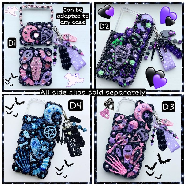 Peut inclure: Quatre &eacute;tuis de t&eacute;l&eacute;phone diff&eacute;rents avec un fond noir et divers accents roses, violets, bleus et verts. Les &eacute;tuis pr&eacute;sentent une vari&eacute;t&eacute; de motifs effrayants et gothiques, notamment des lunes, des &eacute;toiles, des cr&acirc;nes, des cercueils et des pentagrammes. Les textes "OULLA" et "CELINE" sont visibles sur les &eacute;tuis. Les textes "Peut &ecirc;tre adapt&eacute; &agrave; n'importe quel &eacute;tui" et "Tous les clips lat&eacute;raux vendus s&eacute;par&eacute;ment" sont &eacute;galement visibles.