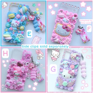 May include: Four different phone cases decorated with Hello Kitty and My Melody characters. The cases are all pink, blue, and purple with various embellishments, including glitter, rhinestones, and 3D charms. The cases are all designed to fit a smartphone.