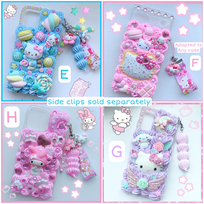 May include: Four different phone cases decorated with Hello Kitty and My Melody characters. The cases are all pink, blue, and purple with various embellishments, including glitter, rhinestones, and 3D charms. The cases are all designed to fit a smartphone.