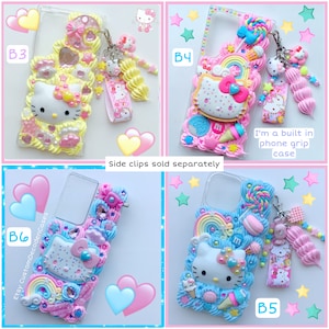 May include: Four different phone cases decorated with Hello Kitty, rainbows, candy, and other cute embellishments. The cases are all clear and have a built-in phone grip case. The cases are labeled B3, B4, B5, and B6.