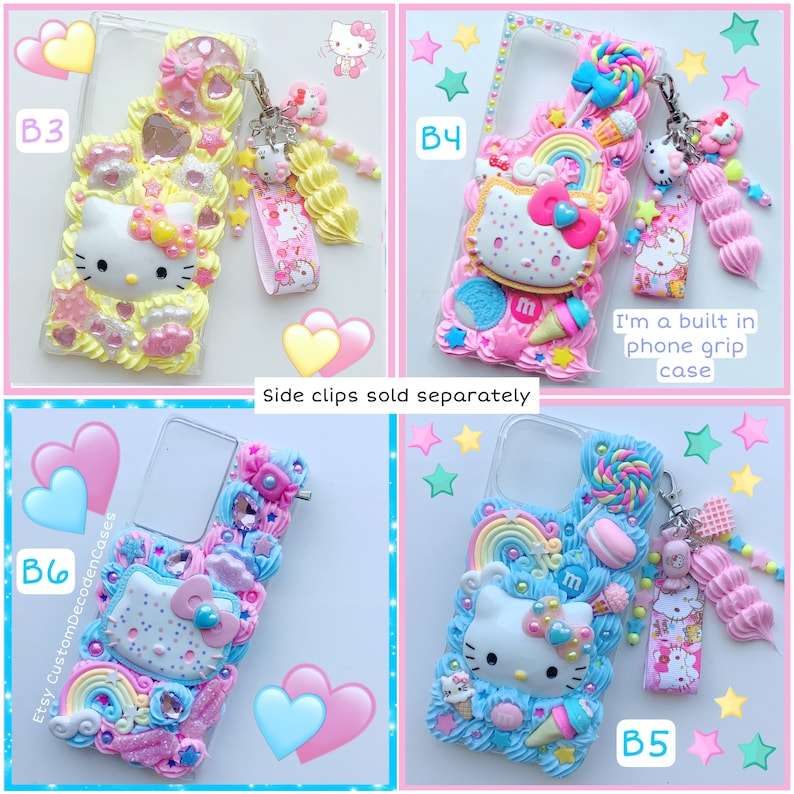 May include: Four different phone cases decorated with Hello Kitty, rainbows, candy, and other cute embellishments. The cases are all clear and have a built-in phone grip case. The cases are labeled B3, B4, B5, and B6.