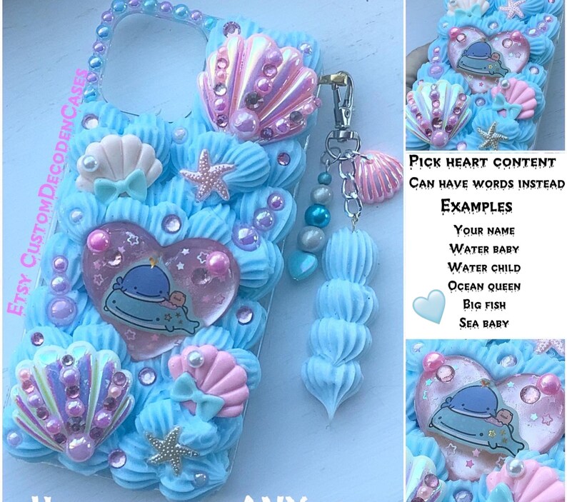 May include: A blue and pink phone case with a 3D design featuring a seashell, a starfish, and a whale. The case has a heart-shaped window with a whale inside. The case is decorated with rhinestones and pearls. The text "PICK HEART CONTENT CAN HAVE WORDS INSTEAD EXAMPLES YOUR NAME WATER BABY WATER CHILD OCEAN QUEEN BIG FISH SEA BABY" is visible in the image.