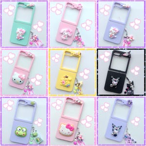 Funda de teléfono personalizada para Z Flip 6 / Funda protectora resistente personalizada para Samsung Galaxy Z Flip 5 con diseño de anime pastel kawaii y correa decorativa con dije para teléfono
