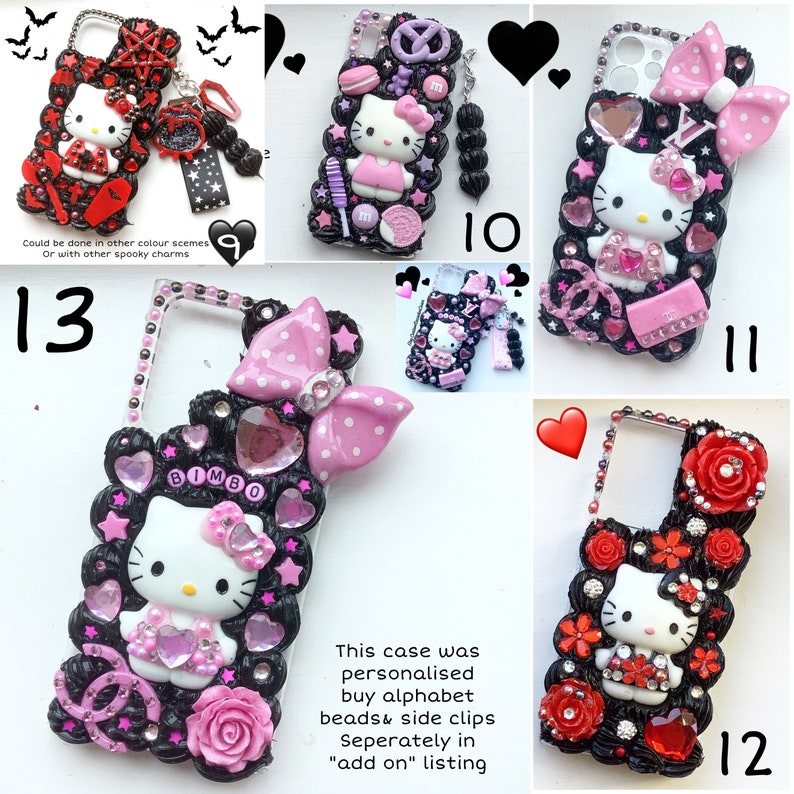 Może przedstawiać: Dziesięć r&oacute;żnych wzor&oacute;w etui na telefon z Hello Kitty. Etui są czarne z r&oacute;żnymi ozdobami, w tym kryształkami, kokardkami, kwiatami i zawieszkami. Etui są ponumerowane od 9 do 13.