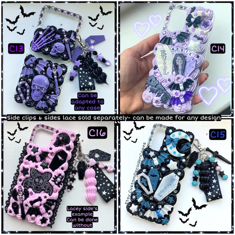 Peut inclure: Quatre &eacute;tuis de t&eacute;l&eacute;phone diff&eacute;rents sur le th&egrave;me gothique et effrayant. Chaque &eacute;tui pr&eacute;sente un design diff&eacute;rent avec des couleurs noires, blanches, violettes et bleues. Les &eacute;tuis sont d&eacute;cor&eacute;s de breloques, de paillettes et d'autres embellissements. Le texte "EVIL" et "ABBIE" est visible sur l'un des &eacute;tuis.