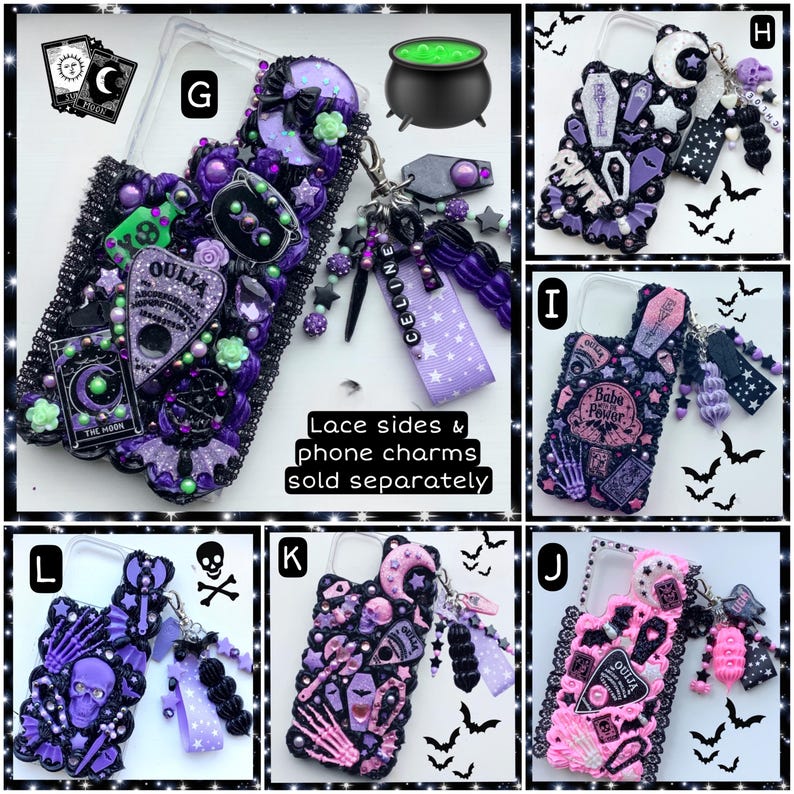 Peut inclure: Dix &eacute;tuis de t&eacute;l&eacute;phone diff&eacute;rents d&eacute;cor&eacute;s sur le th&egrave;me gothique et effrayant. Les &eacute;tuis sont de couleur noire, violette, rose et verte avec divers charmes et embellissements. Les &eacute;tuis sont d&eacute;cor&eacute;s de cr&acirc;nes, d'os, de chauves-souris, de lunes, d'&eacute;toiles et d'autres &eacute;l&eacute;ments effrayants. Les &eacute;tuis sont &eacute;tiquet&eacute;s avec les lettres G, H, I, J, K et L.