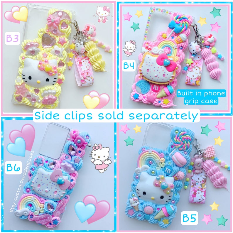 May include: Four different Hello Kitty phone cases with colorful decorations. The cases are decorated with pastel colors, glitter, and 3D embellishments. The cases are all clear and have a built-in phone grip case. The cases are labeled B3, B4, B5, and B6. Side clips are sold separately.
