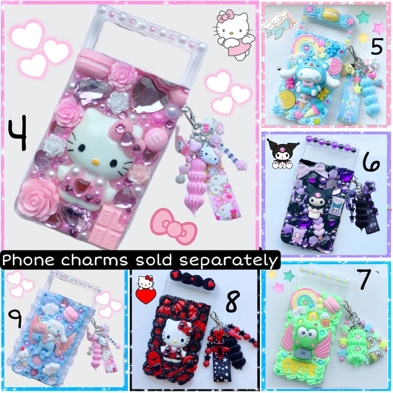 May include: Ten different phone charms with various themes, including Hello Kitty, My Melody, and a frog. Each charm is decorated with rhinestones, glitter, and other embellishments. The charms are attached to clear phone cases.