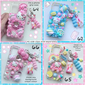 May include: Four phone cases decorated with Hello Kitty characters, colorful sprinkles, and other cute embellishments. The cases are available in pink, blue, and yellow. The text "I'm a phone grip case" is visible in the top left corner. The text "All side clips sold separately" is visible in the bottom center. The text "Chose any background cream colour" is visible in the bottom left and right corners. The numbers 64, 66, 62, and 65 are visible in the top right, top center, bottom right, and bottom center of the image, respectively.